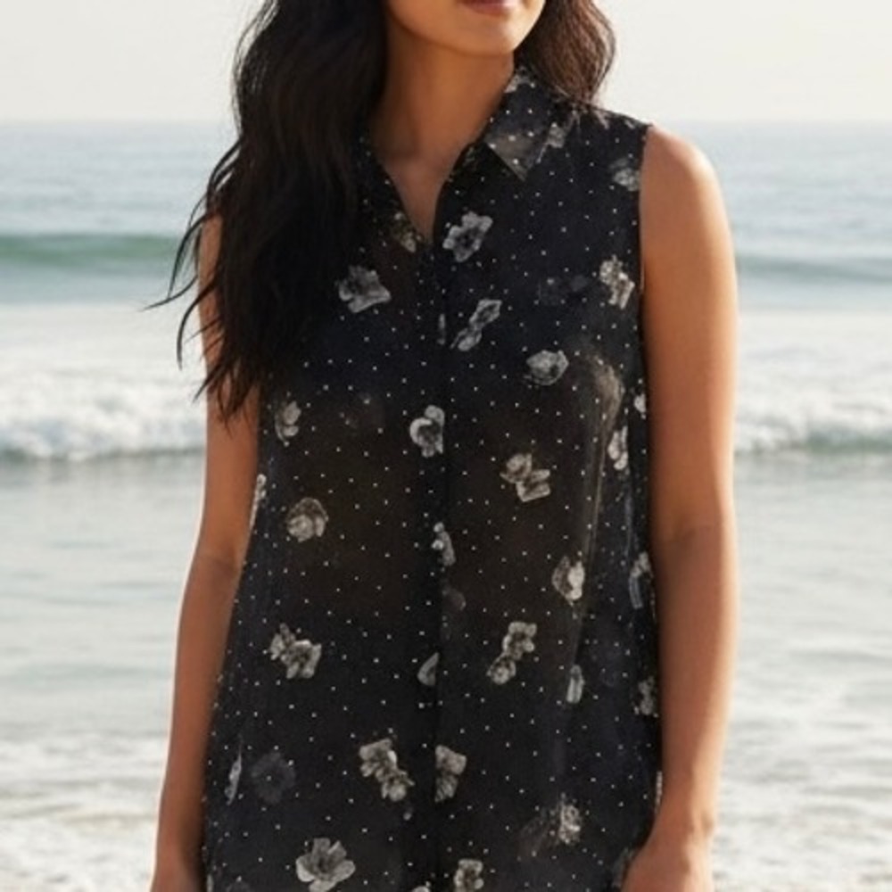 Coldwater Creek Womens XL 16 Black Floral Polka Dot Sleeveless Button Down Top